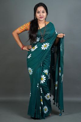 Teal Pure Handloom Cotton Saree From Bengal