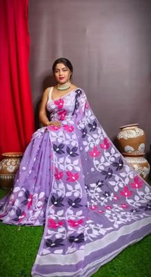 Lavender Pure Handloom Dhakai Jamdan Saree From Bengal