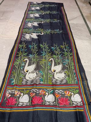 Black Pure Handloom Kantha Silk Saree From Bengal