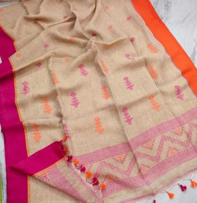 Light Brown Pure Handloom Linen By Linen Saree From Bengal