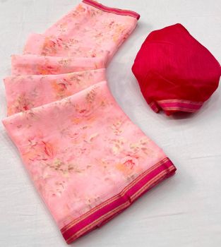Baby Pink Flower Design Printed Work Chiffon Saree