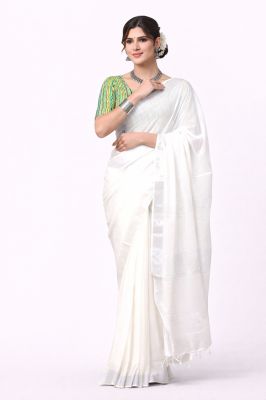 Women's Graceful White Pure Linen Saree–Traditional Handloom