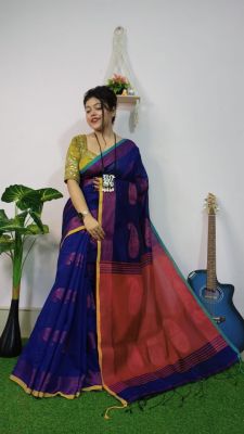 Blue Silk Cotton Handloom Saree From Bengal