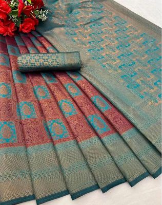 Wine Berry Pure Handloom Silk Cotton Saree From Banaras