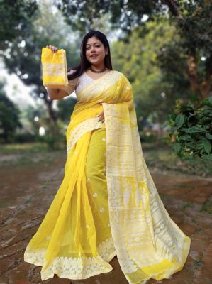 Yellow Pure Handloom Dhakai Jamdani Saree From Bengal