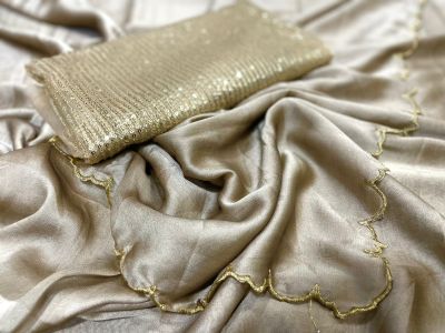 Golden Plain Body Embroidery Work Georgette Silk Saree