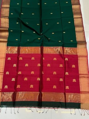 Dark Green Pure Handloom Maheshwari Silk Saree From Bengal