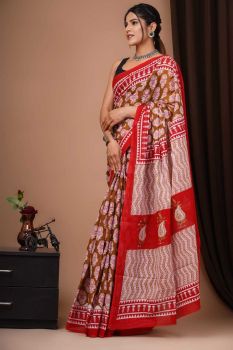 Chocolate Brown Hand Block Cotton Pure Handloom Flower Design Saree