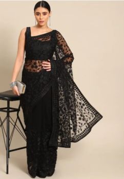 Black Embroidery Work Net Saree From Banaras