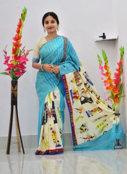 Sea Blue Pure Handloom Khesh Cotton Saree From Bengal