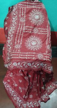 Maroon kantha Art Silk Flower Design Saree From Bengal