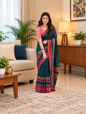 Sea Blue Pure Handloom Cotton Saree From Bengal