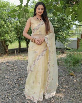Light Yellow Flower Embroidery Work Organza Saree