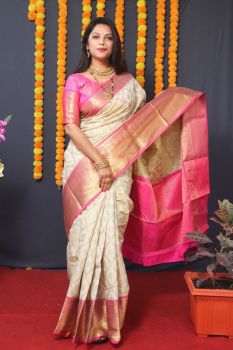 Cream Pink Butta Handloom Rich Pallu Zari Work Kanchipuram Silk Saree