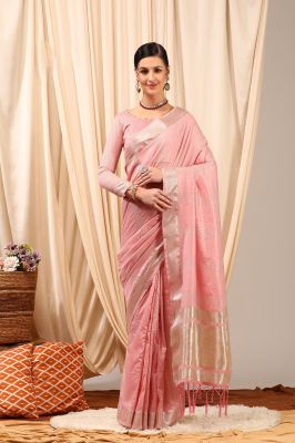 Rose Pink Pure Handloom Silk Cotton Saree From Gujarat