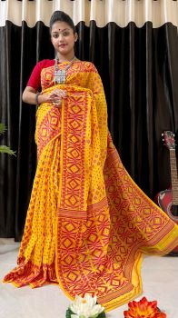 Yellow Pink Buti Design Pure Handloom Dhakai Jamdani Saree