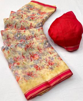 Cream Flower Design Printed Work Chiffon Saree