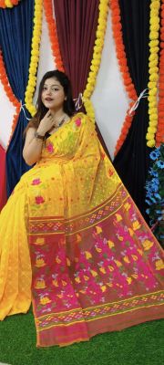 Yellow Pure Handloom Dhakai Jamdani Saree From Bengal