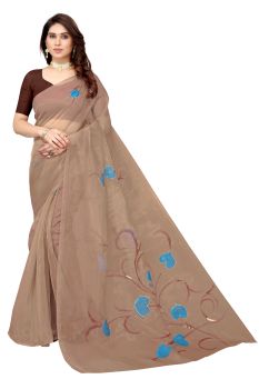 Brown Organza Hand Painted Floral Pattern Saree