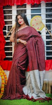 Maroon Pure Handloom Cotton Saree From Bengal
