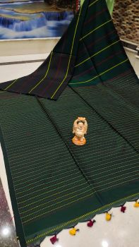 Dark Bottle Green Stripes Pure Handloom Cotton Saree