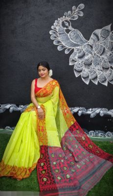 Yellow Pure Handloom Dhakai Jamdani Saree From Bengal