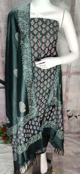 Dark Green Flower Design Katan Slub Block Print Suit Dress Material