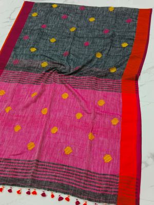 Black Pink Pure Handloom Cotton Saree From Bengal