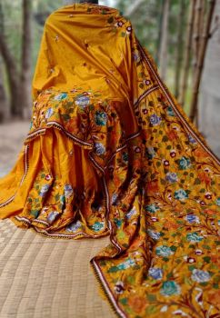 Orange Kantha Embroidery Bangalore silk Saree From Bengal