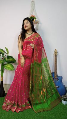 Rose Pink Pure Handloom Dhakai Jamdani Saree From Bengal