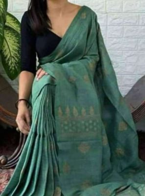 Teal Pure Handloom Linen By Linen Saree From Bengal