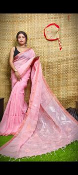 Rose Pink Pure Handloom Linen By Linen Saree From Bengal