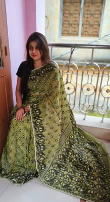 Olive Green Pure Handloom Dhakai Jamdani Saree From Bengal