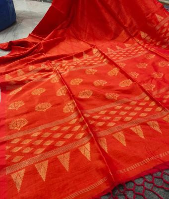 Red Orange Pure Handloom Silk Cotton Saree From Bengal