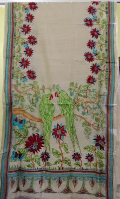 Off White Pure Handloom Kantha Silk Saree From Bengal