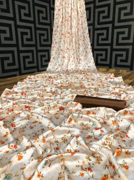 Off White Printed Flower Design Heavy Satin Silk Saree