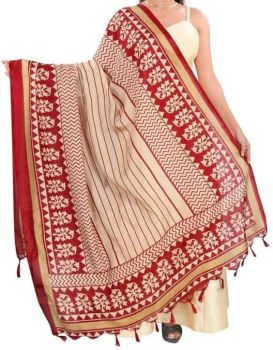 Cream Art Silk Lines Pattern With Red Border Dupatta