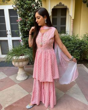Pink Embroidery Rayon Kurti ,Sharara , Duppta