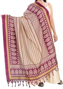 Cream Art Silk Lines Pattern Dupatta