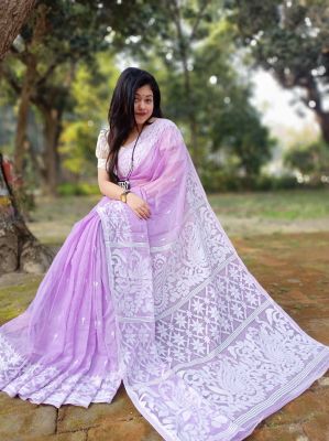 Lavender Pure Handloom Dhakai Jamdani Saree From Bengal