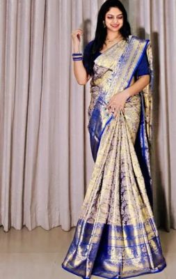 Golden Blue Pure Handloom Banarasi Silk Saree From Banaras