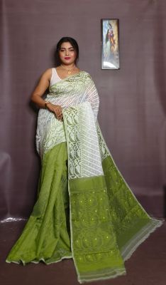 White Olive Green Pure Handloom Ikkat Jamdani Saree From Bengal