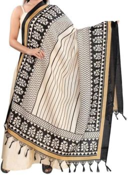 Beige Art Silk Lines Pattern Dupatta