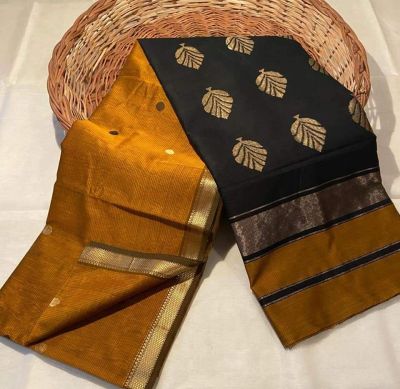 Golden Black Pure Handloom Maheshwari Silk Cotton Saree From Bengal
