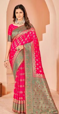 Dark Pink Pure Handloom Art Silk Saree From Banaras