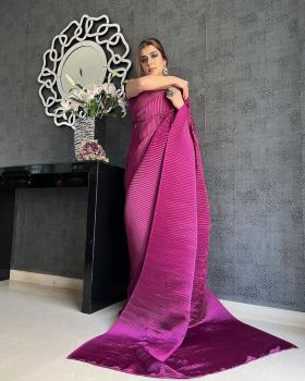 Purple Pure Raw Silk Pleated Sari