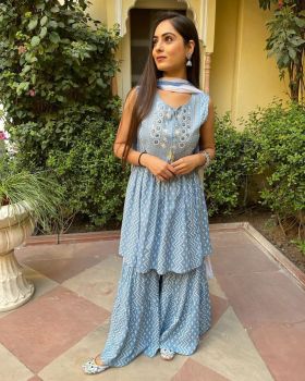 Sky Blue Embroidery Rayon Kurti ,Sharara , Duppta