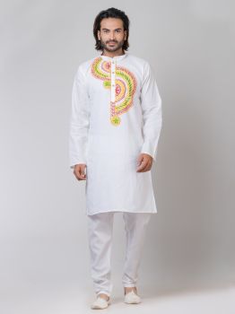 White Pure Handloom Katha Stitch Kurta From Bengal