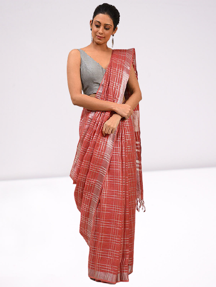 Brick Red checks Bhagalpur Hand Woven Linen Saree