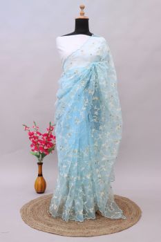 Sky Blue Leaf Thread Work Organza Saree
